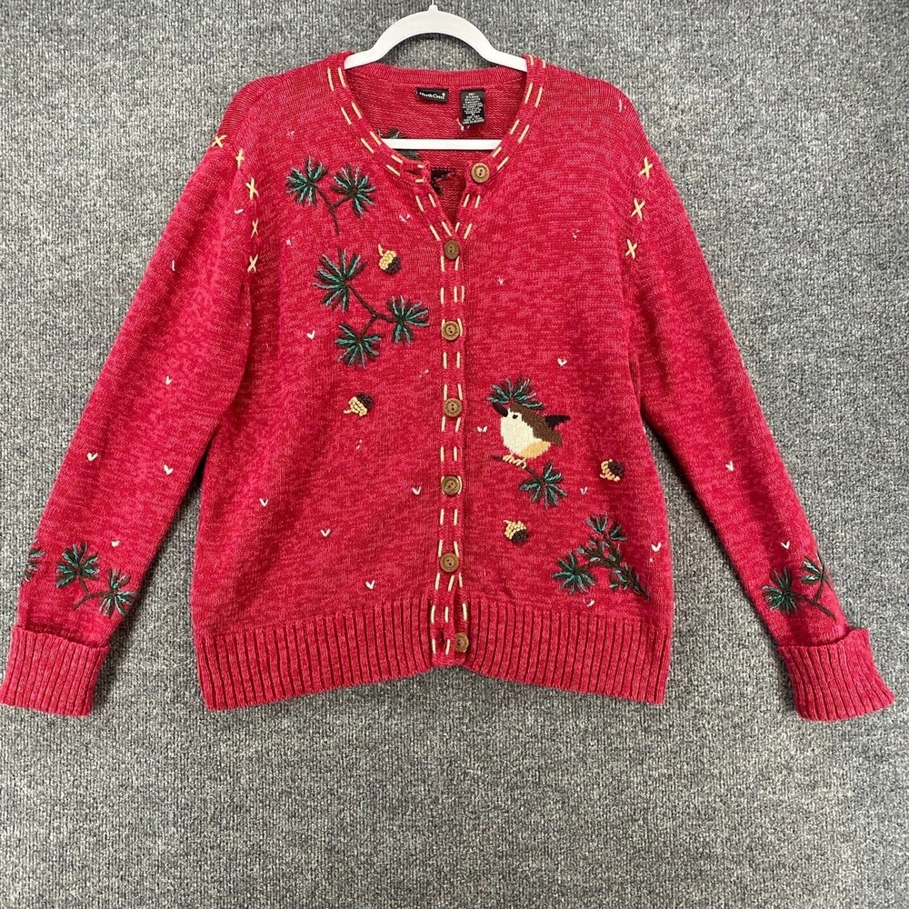 Northcrest Cardigan Womens M Birds Print Button Up‎ Artsy Art to Wear Grannycore
